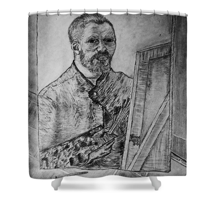 Van Goghs Self Portrait Painting Placed In His Room In Arles France Shower Curtain featuring the drawing Van Goghs self portrait painting placed in his room in Arles France by Jose A Gonzalez Jr