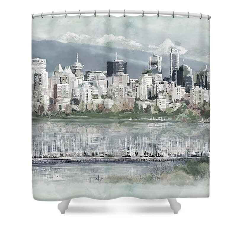 Skyline Shower Curtain featuring the painting Vancouver Skyline by Maryam Mughal