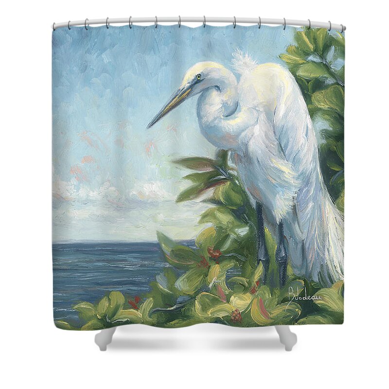 Egret Shower Curtain featuring the painting Vantage Point by Lucie Bilodeau