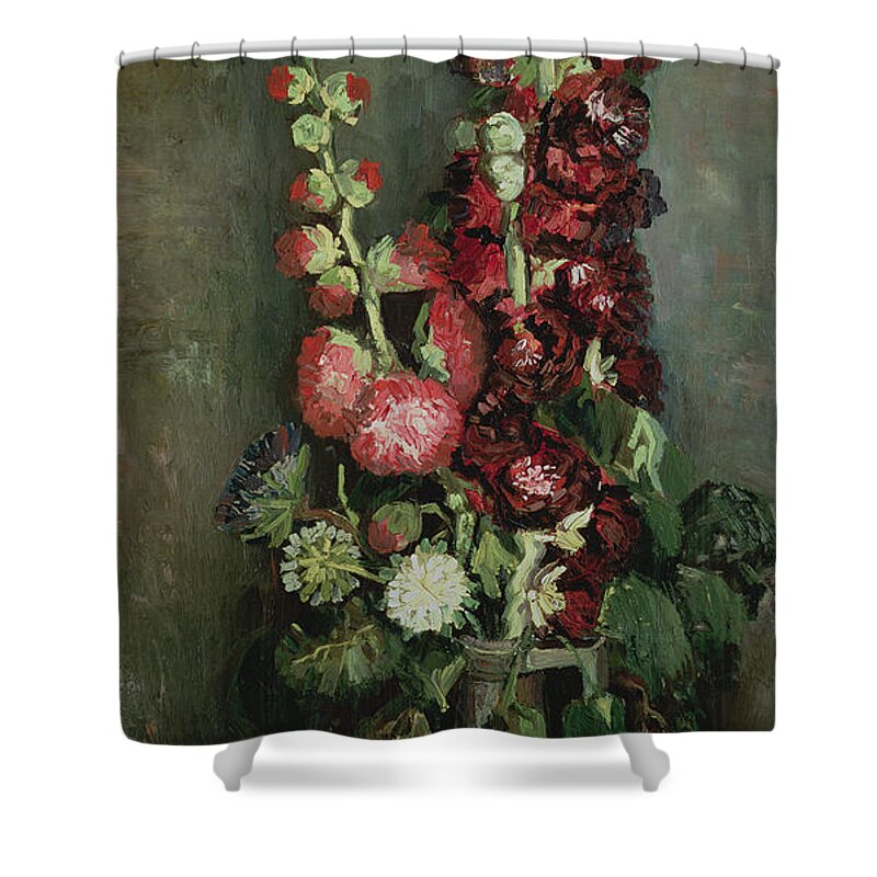 Van Gogh Shower Curtain featuring the painting Vase Of Hollyhocks by Vincent van Gogh