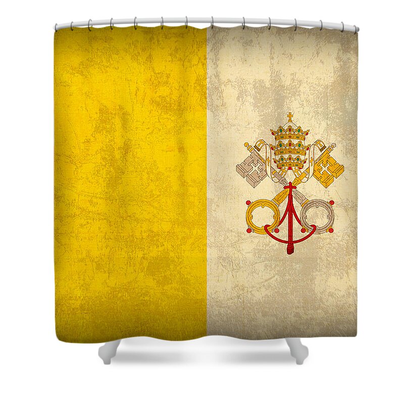 Vatican Shower Curtain featuring the mixed media Vatican City Flag Vintage Distressed Finish by Design Turnpike