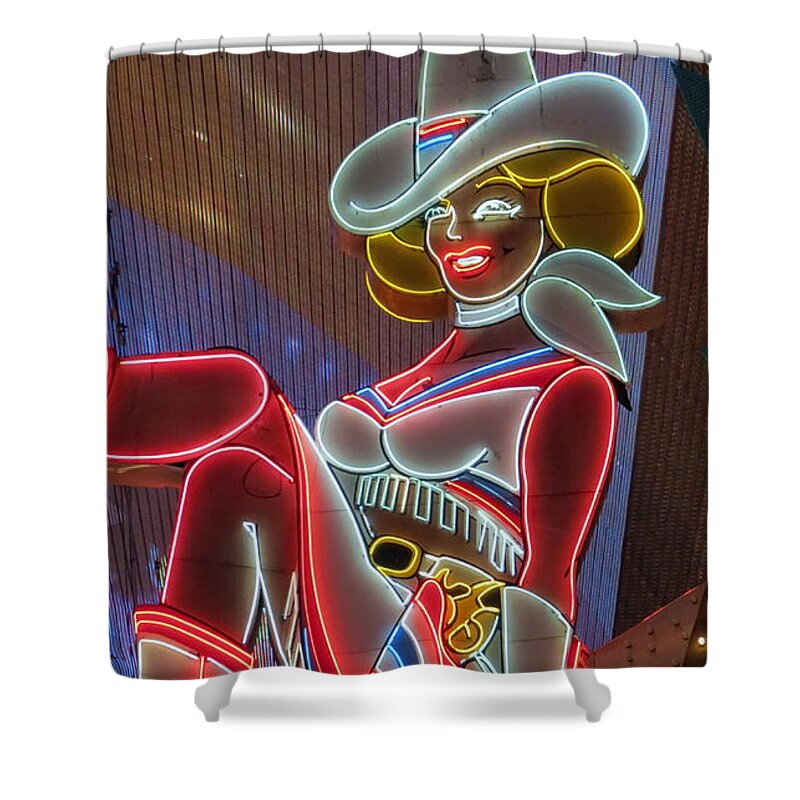 Neon Sign Shower Curtain featuring the photograph Vegas Vicky by Kay Novy