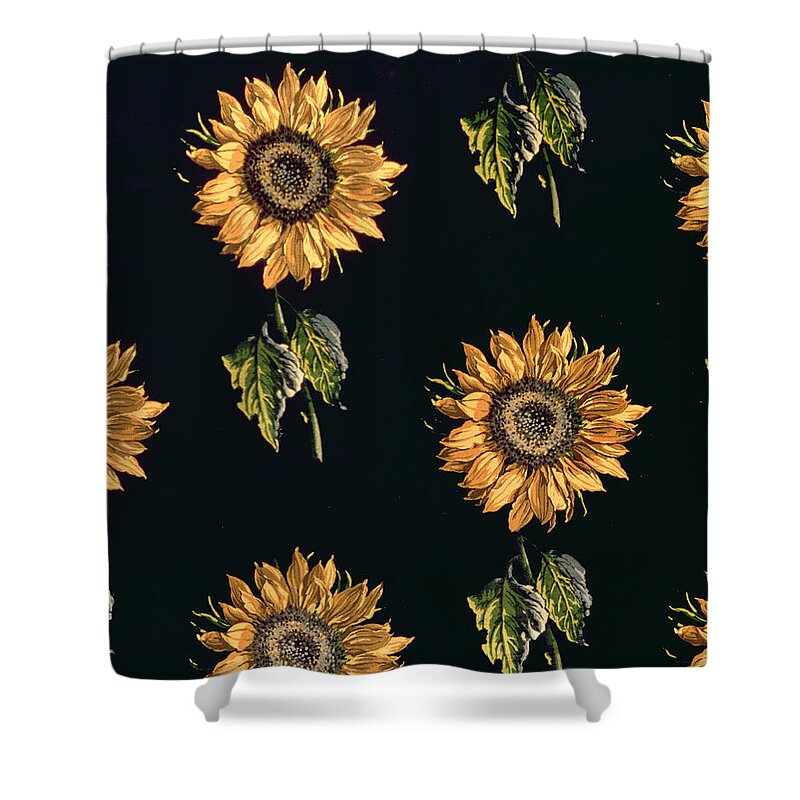 Fabric; Sunflower; Sunflowers; Floral; Yellow; Floating; Textile; Textile Design; Silk; Decor; Decoration; Pattern; Patterns; Repetition; Repeat; Green; Yellow; Maison Ogier; Lyon Duplan; French; French School; Designed; Designed By; Print; Fabric; Manufactured; Manufacture; Clothing; Shower Curtain featuring the painting Velours au Sabre by French school designed by Maison Ogier and Lyon Duplan