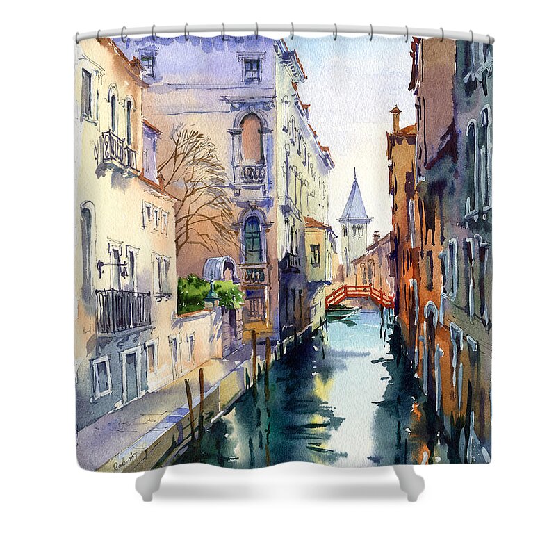 Venetian Canal Shower Curtain featuring the painting Venetian Canal V by Maria Rabinky