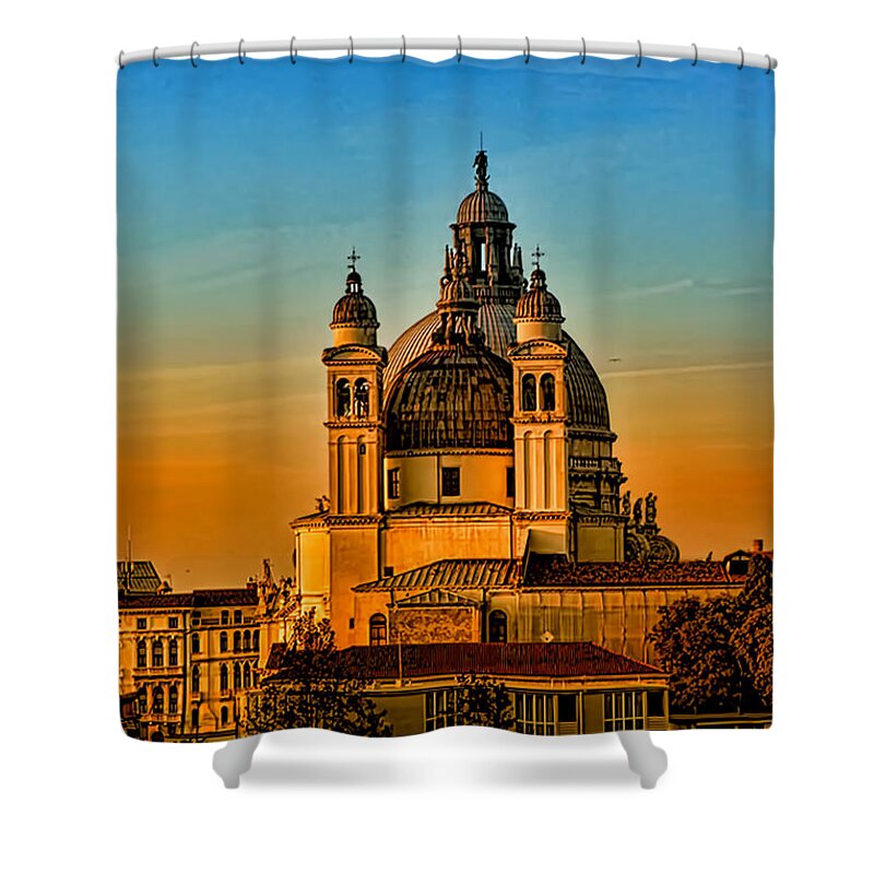 Landscapes Shower Curtain featuring the photograph Venezia-Basilica of Santa Maria della Salute by Tom Prendergast