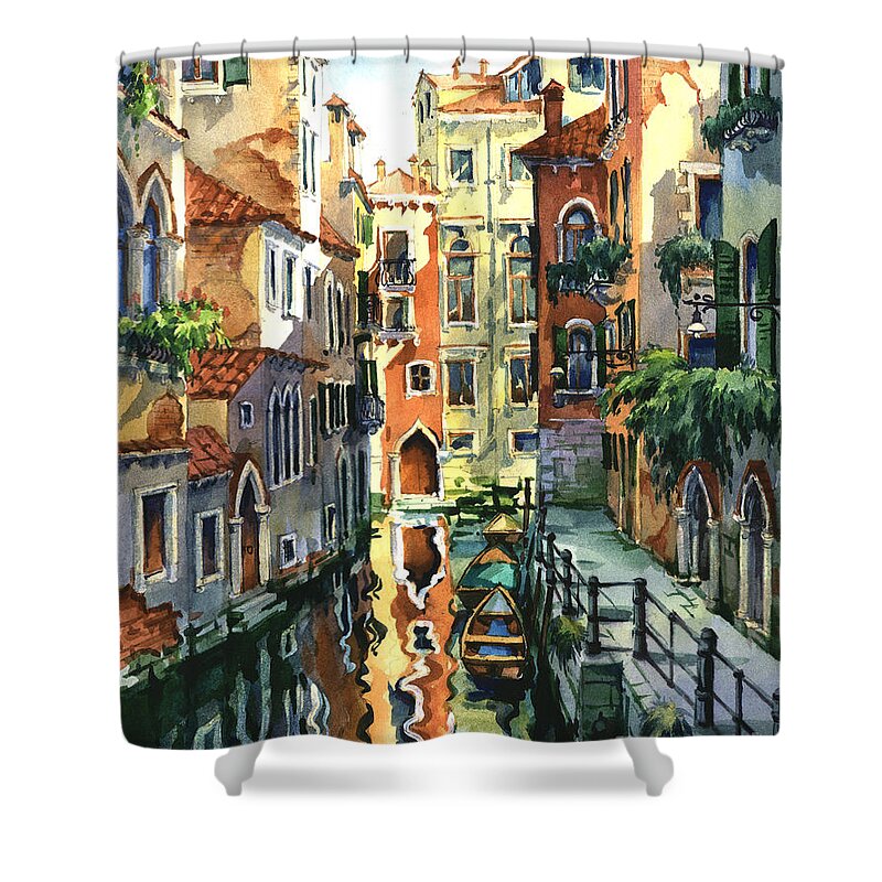 Venice Shower Curtain featuring the painting Venice Sunny Alley by Maria Rabinky