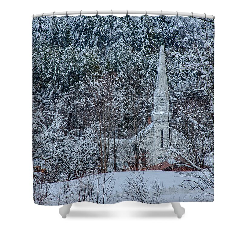 Church Steeple Shower Curtain featuring the photograph Vermont church in snow by Jeff Folger
