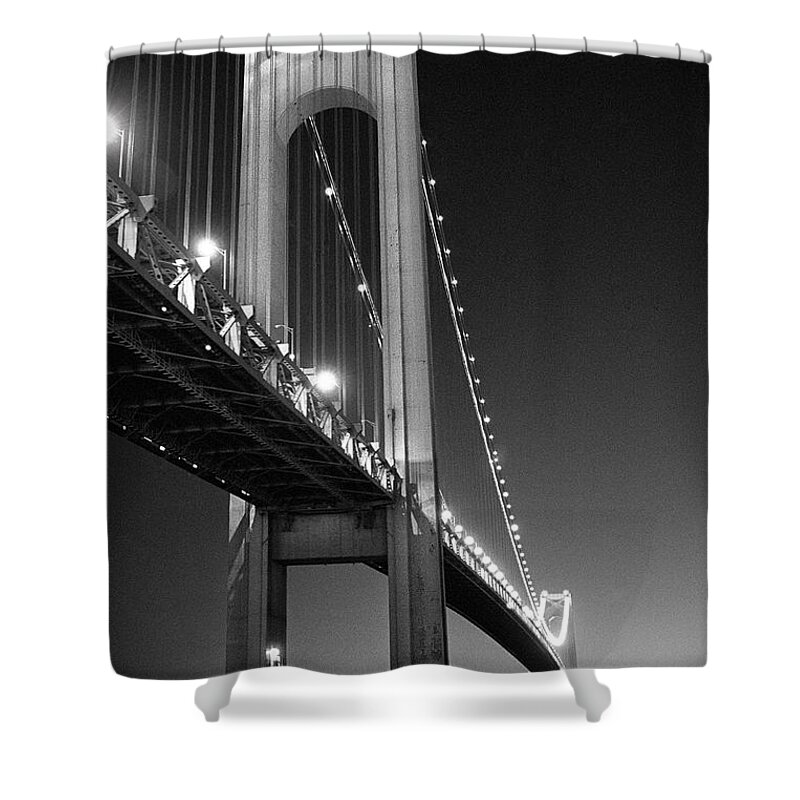 Verrazano Bridge Shower Curtain featuring the photograph Verrazano Bridge at night - Black and White by Gary Heller