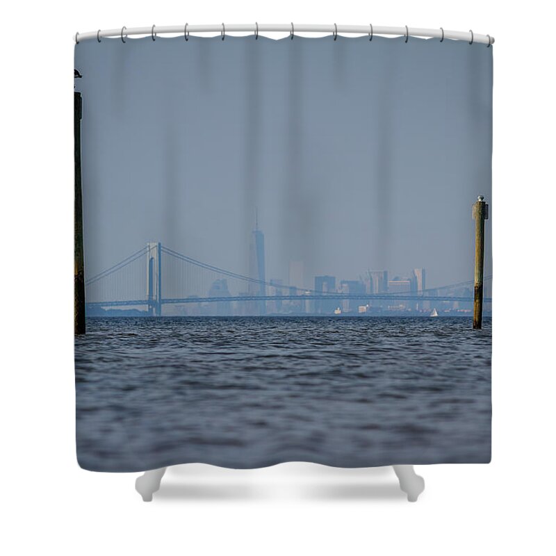 Bayshore Waterfront Shower Curtain featuring the photograph Verrazano-Narrows bridge and NYC skyline from Port Monmouth by SAURAVphoto Online Store