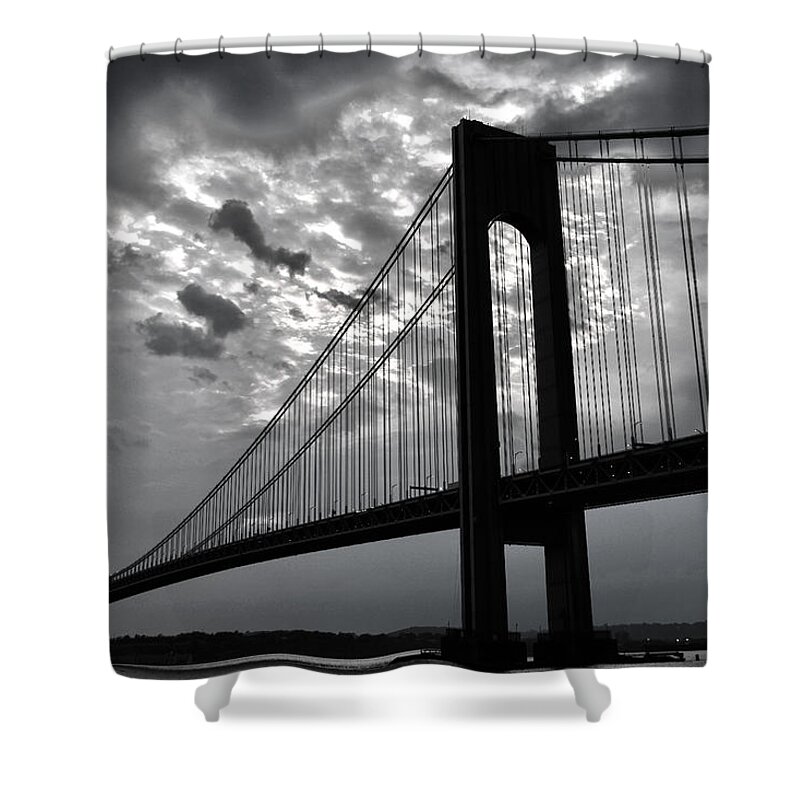 Verrazano Bridge Shower Curtain featuring the photograph Verrazano Sky BW by Mitch Cat