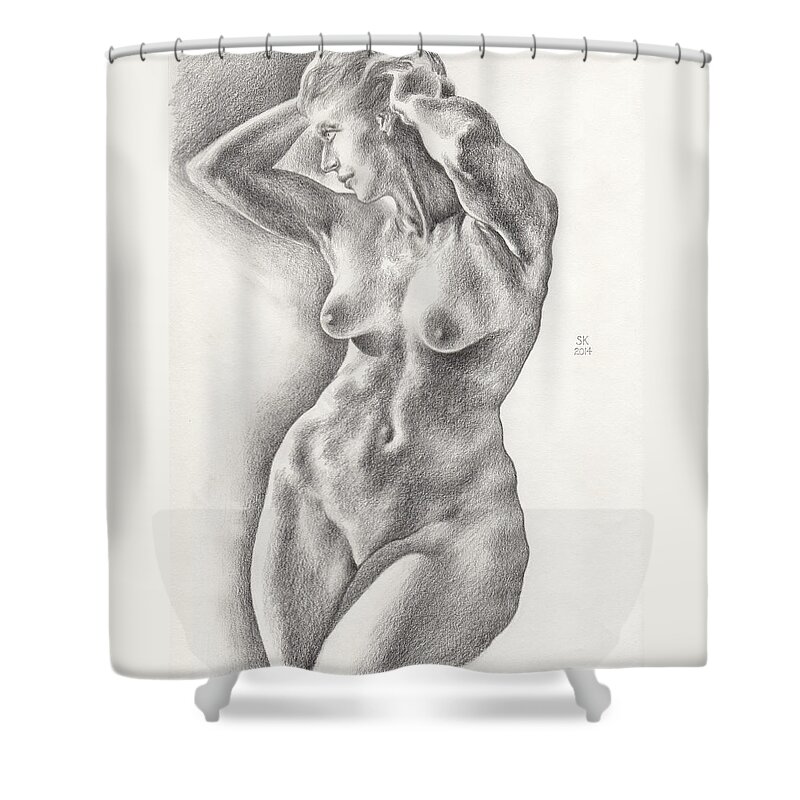 Nude Shower Curtain featuring the drawing Victoria in 8B Standing Female Nude by Scott Kirkman