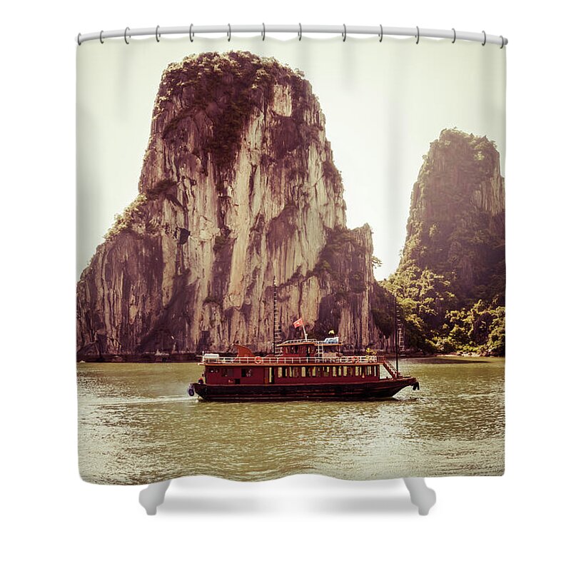Scenics Shower Curtain featuring the photograph Vietnamese Junk Cruising On Halong Bay by Fototrav