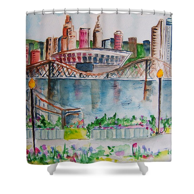 Cincinnati Skyline Shower Curtain featuring the painting View from Devou by Elaine Duras