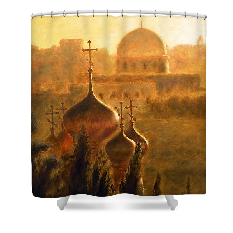 View From The Mount Of Olives Shower Curtain featuring the painting View from the Mount of Olives Jerusalem by Uma Krishnamoorthy