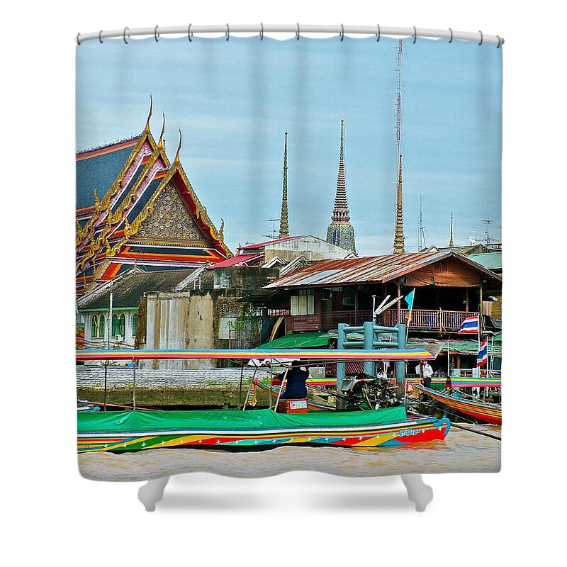 View Of Temple From Waterway In Bangkok Shower Curtain featuring the photograph View of a Temple from Waterway of Bangkok-Thailand by Ruth Hager