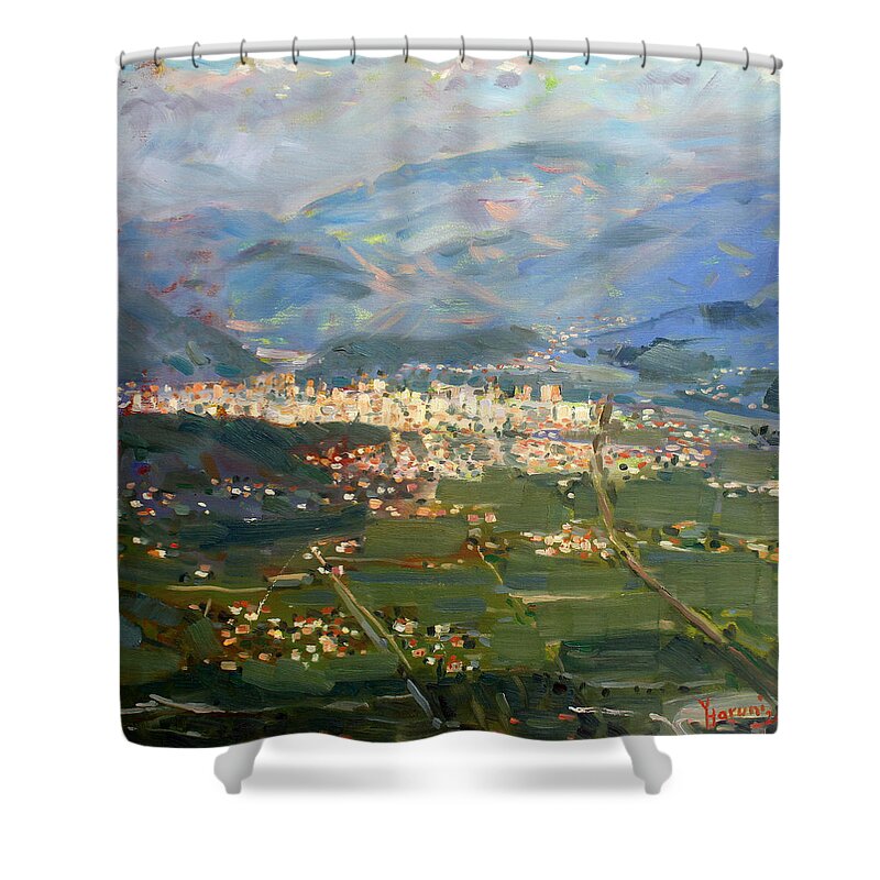 Elbasan Shower Curtain featuring the painting View of Elbasan City by Ylli Haruni