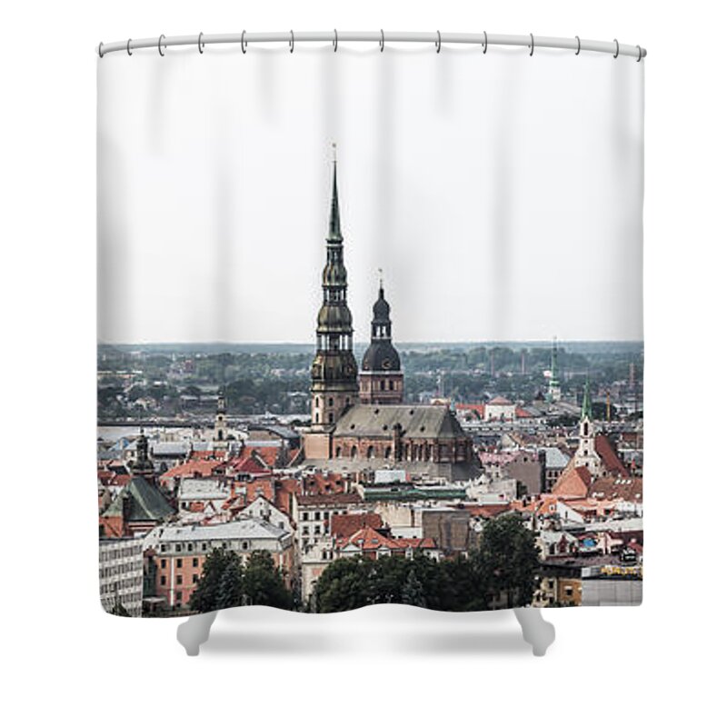 Panoramic Shower Curtain featuring the photograph View Of The Daugava River And The Town by Maremagnum