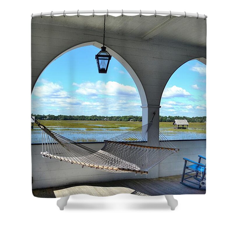 Scenic Shower Curtain featuring the photograph View Of The Marsh From The Pelican Inn by Kathy Baccari