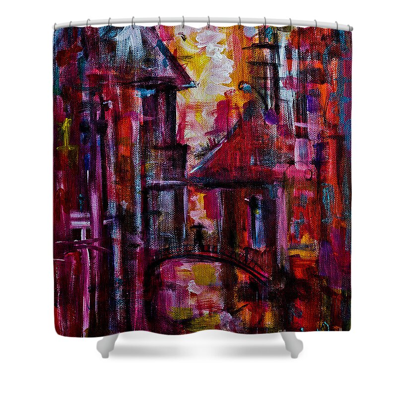 Town Shower Curtain featuring the painting View with a bridge by Maxim Komissarchik