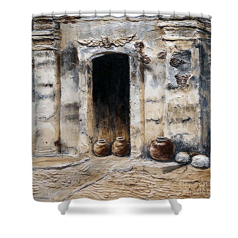 Architecture Shower Curtain featuring the painting Vigan Door by Joey Agbayani