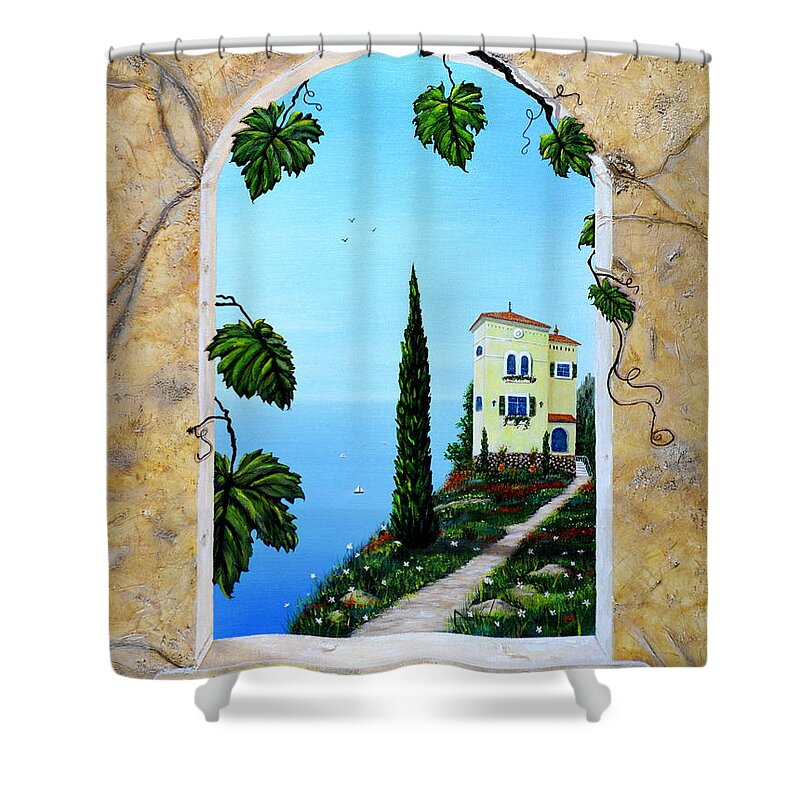 Villa Shower Curtain featuring the painting Villa by the Sea by Mary Scott