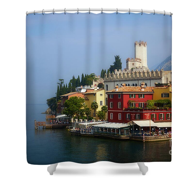 Classic Shower Curtain featuring the photograph Village near the water with alps in the background by Nick Biemans