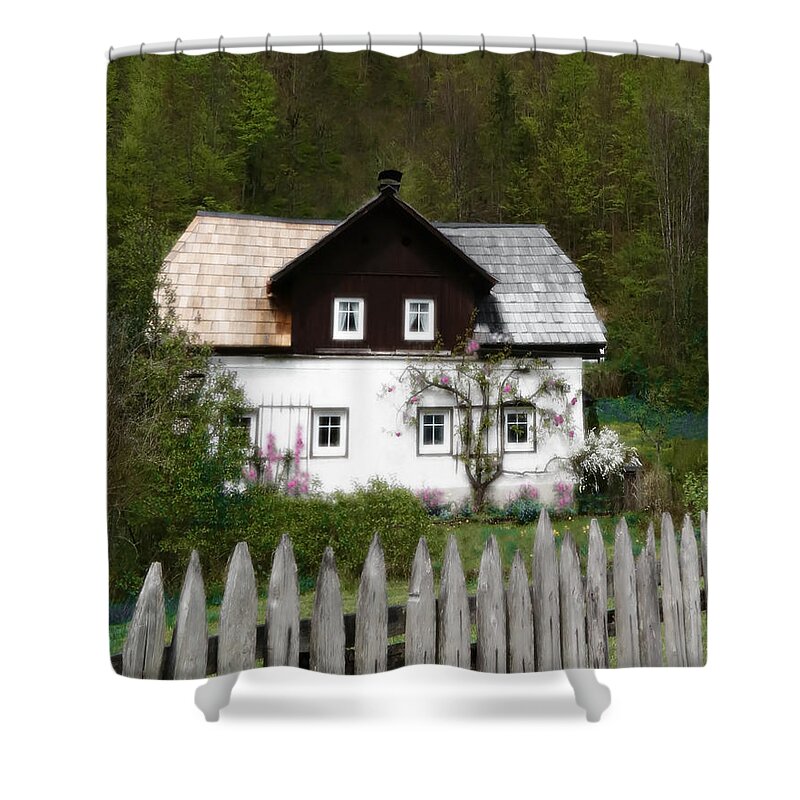 English Cottage Photo Shower Curtain featuring the photograph Vine Covered Cottage with Rustic Wooden Picket Fence by Brooke T Ryan