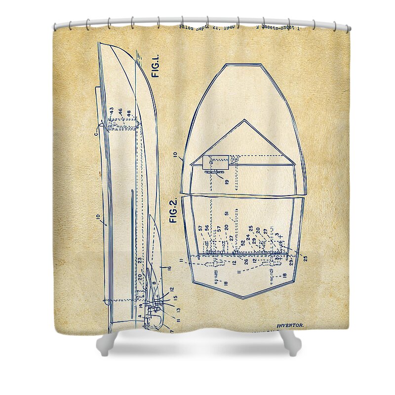 Chris Craft Shower Curtain featuring the digital art Vintage 1943 Chris Craft Boat Patent Artwork by Nikki Marie Smith