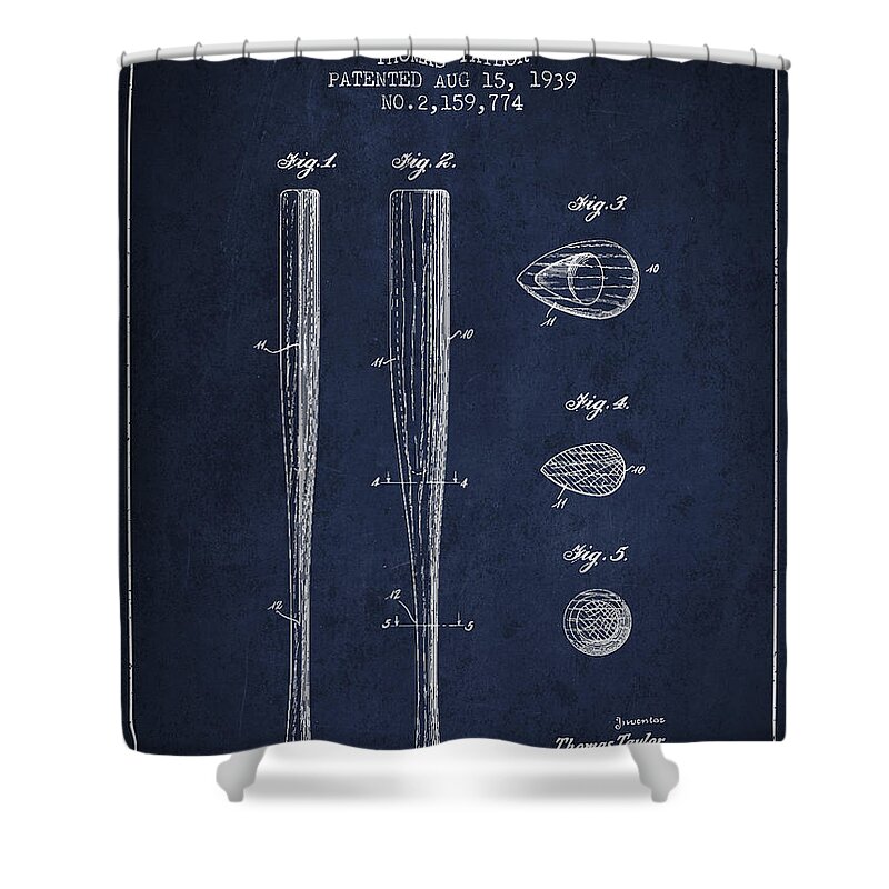 Baseball Bat Shower Curtain featuring the digital art Vintage Baseball Bat Patent from 1939 by Aged Pixel