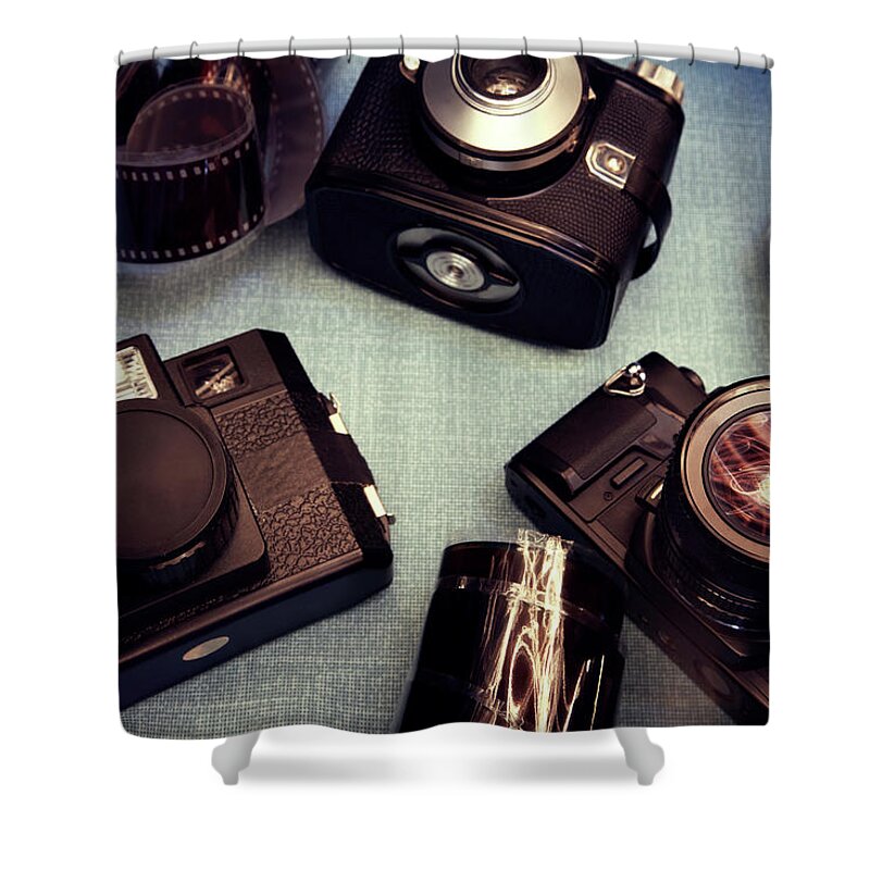 Clock Hand Shower Curtain featuring the photograph Vintage Cameras by Sanneberg