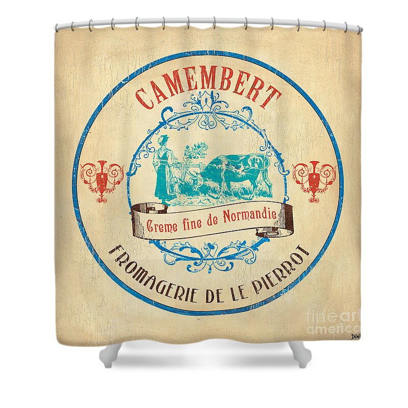 Cuisine Shower Curtain featuring the painting Vintage Cheese Label 3 by Debbie DeWitt