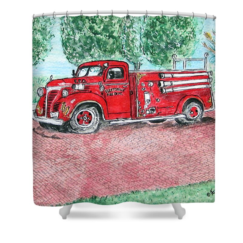 Firetruck Shower Curtain featuring the painting Vintage Firetruck by Kathy Marrs Chandler