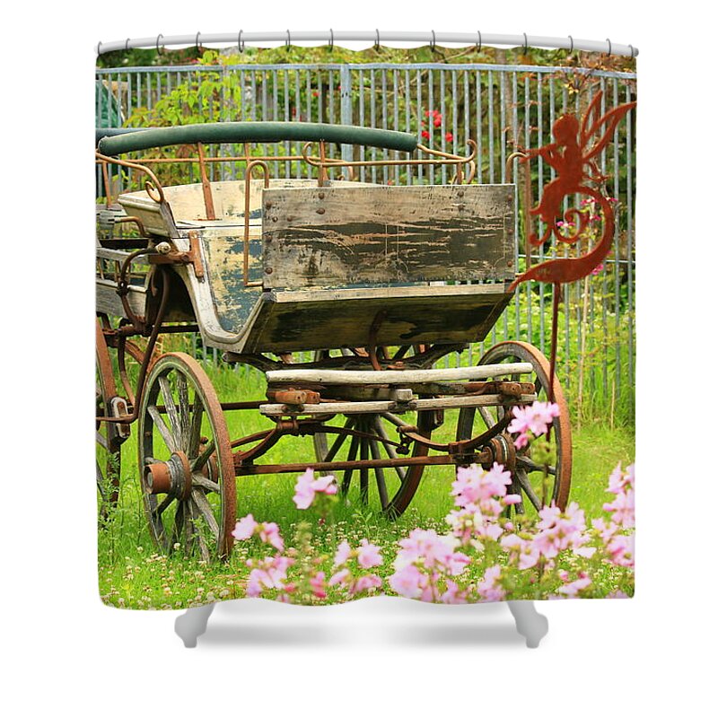 Aged Shower Curtain featuring the photograph Vintage horse carriage in a flower bed by Amanda Mohler