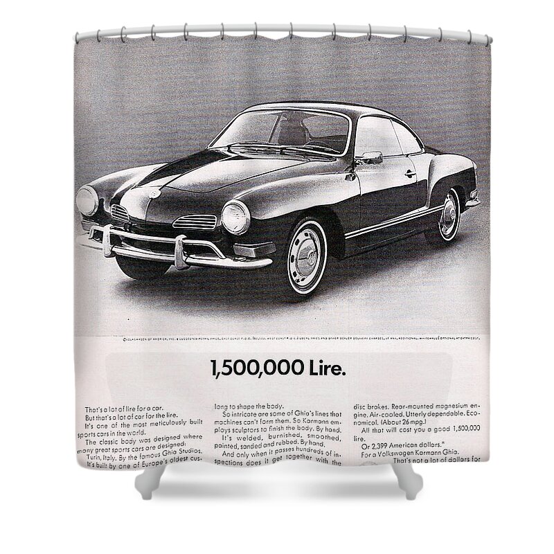 Karmann Ghia Shower Curtain featuring the digital art Vintage Karmann Ghia Advert by Georgia Clare