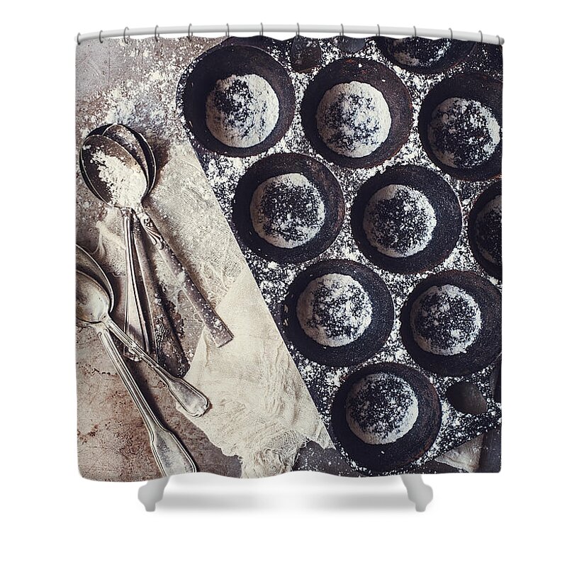 San Francisco Shower Curtain featuring the photograph Vintage Muffin Pan & Spoons With Flour by One Girl In The Kitchen