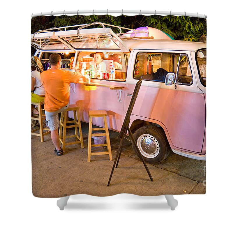 Non-alcoholic Beverage Shower Curtain featuring the photograph Vintage pink Volkswagen Bus by Luciano Mortula