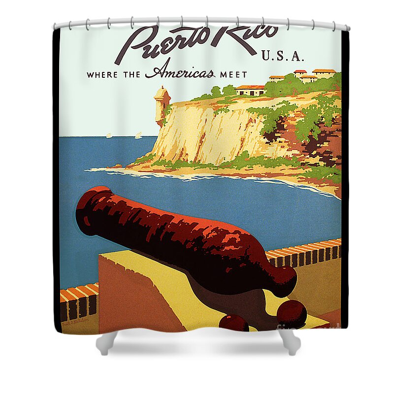 Vintage Puerto Rico Travel Poster Shower Curtain featuring the drawing Vintage Puerto Rico Travel Poster by Jon Neidert