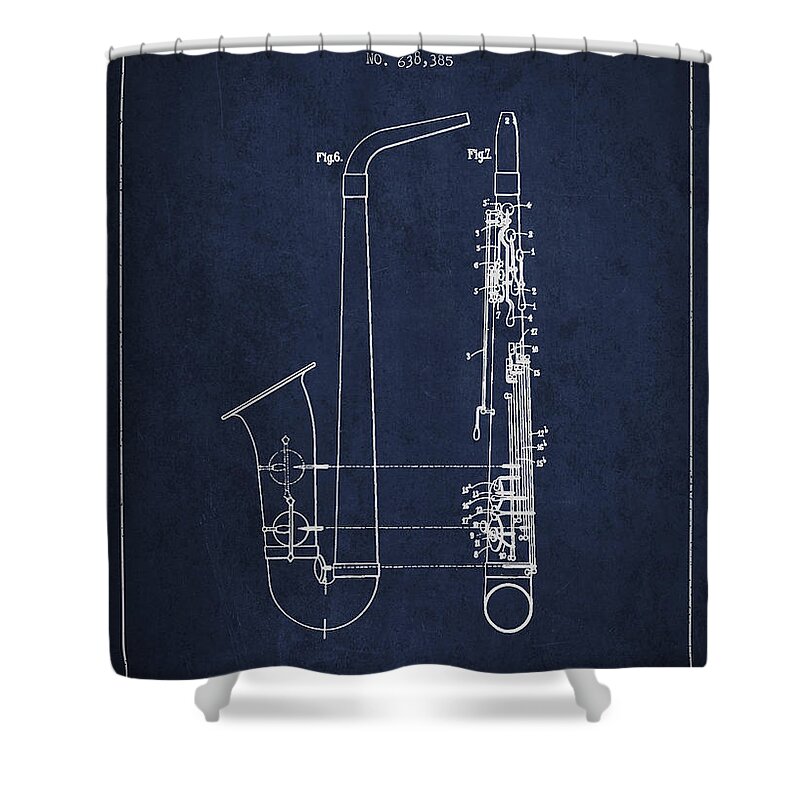 Saxophone Shower Curtain featuring the digital art Saxophone Patent Drawing From 1899 - Blue by Aged Pixel