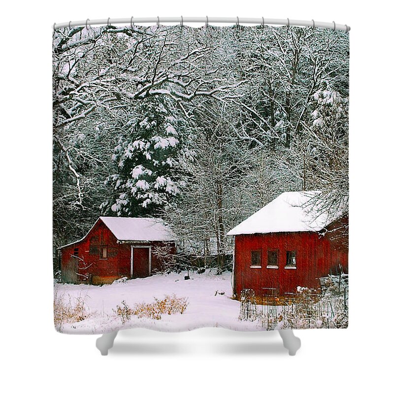Landscape Shower Curtain featuring the photograph Vintage Winter Barn by Peggy Franz