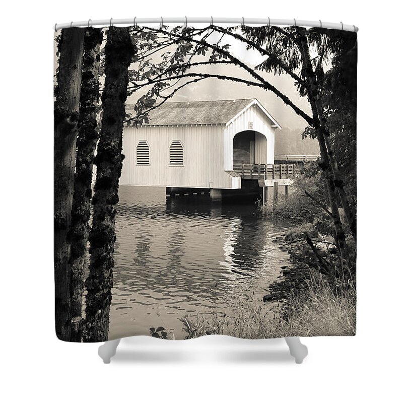 Lowell Covered Bridge Shower Curtain featuring the photograph Vintaged Covered Bridge by Athena Mckinzie