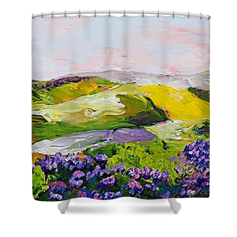 Landscape Shower Curtain featuring the painting Violet Sunrise by Allan P Friedlander