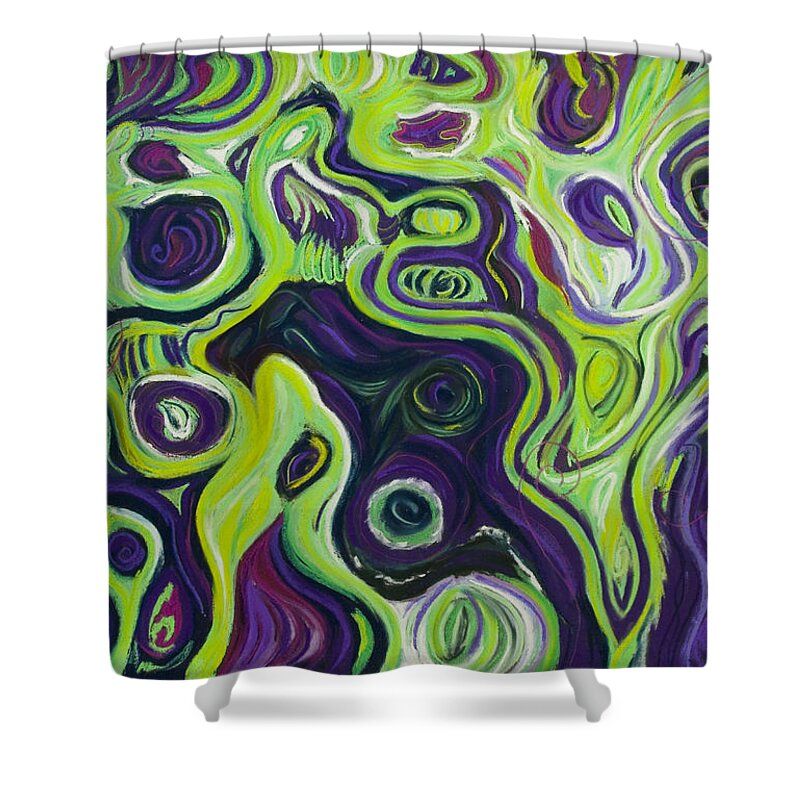 Purple Green Abstract Marbling Psychedelic Groovy Mineral Shower Curtain featuring the pastel Violeta e Verde by Brenda Salamone