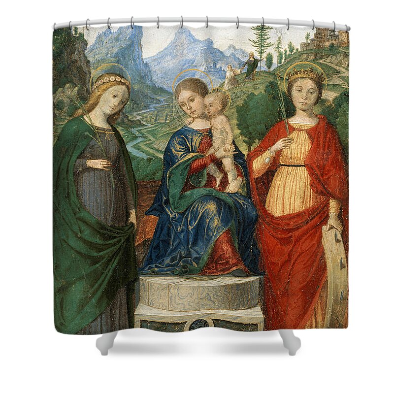 Francesco Morone Shower Curtain featuring the painting Virgin and Child Enthroned between Saints Cecilia and Catherine of Alexandria by Francesco Morone