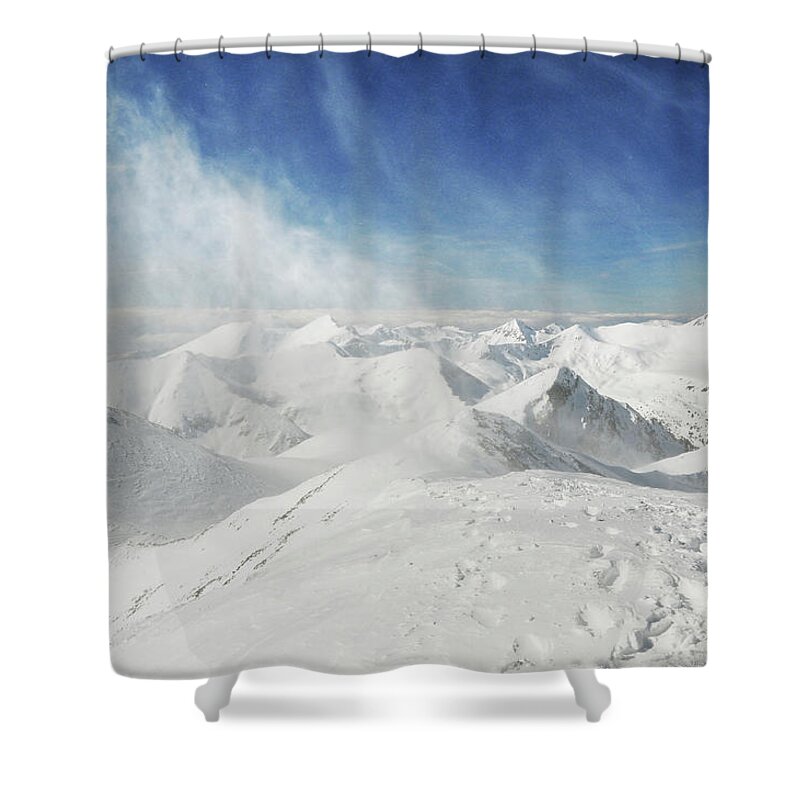 Scenics Shower Curtain featuring the photograph Vortex At Summit, Snowy Scenery At by Maya Karkalicheva