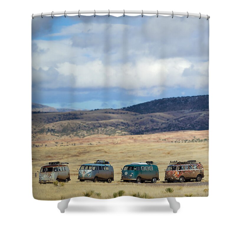 Bus Shower Curtain featuring the photograph VWs Lined Up Under a New Mexico Sky by Richard Kimbrough