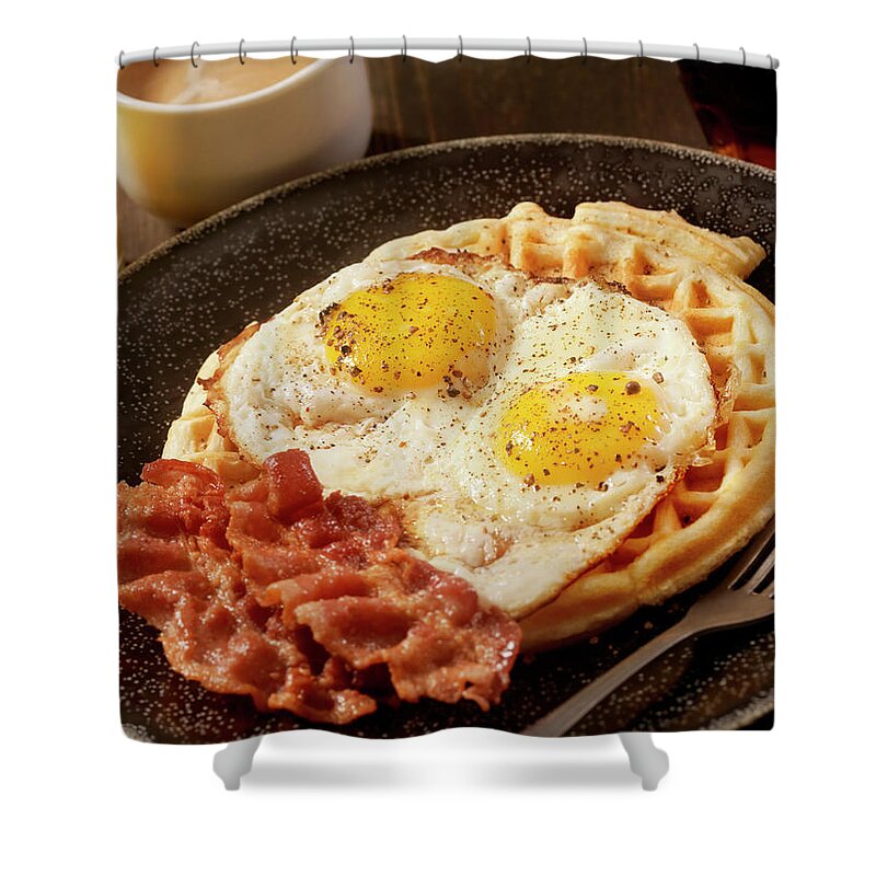 Breakfast Shower Curtain featuring the photograph Waffles With Fried Eggs And Bacon by Lauripatterson