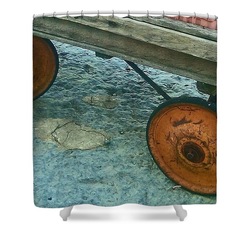 Wagon Shower Curtain featuring the photograph Wagon Wheels by Beth Ferris Sale