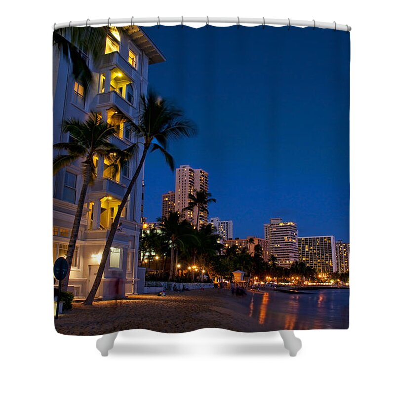 Apartment Shower Curtain featuring the photograph Waikiki Beach Night Lights by Bill Bachmann - Printscapes