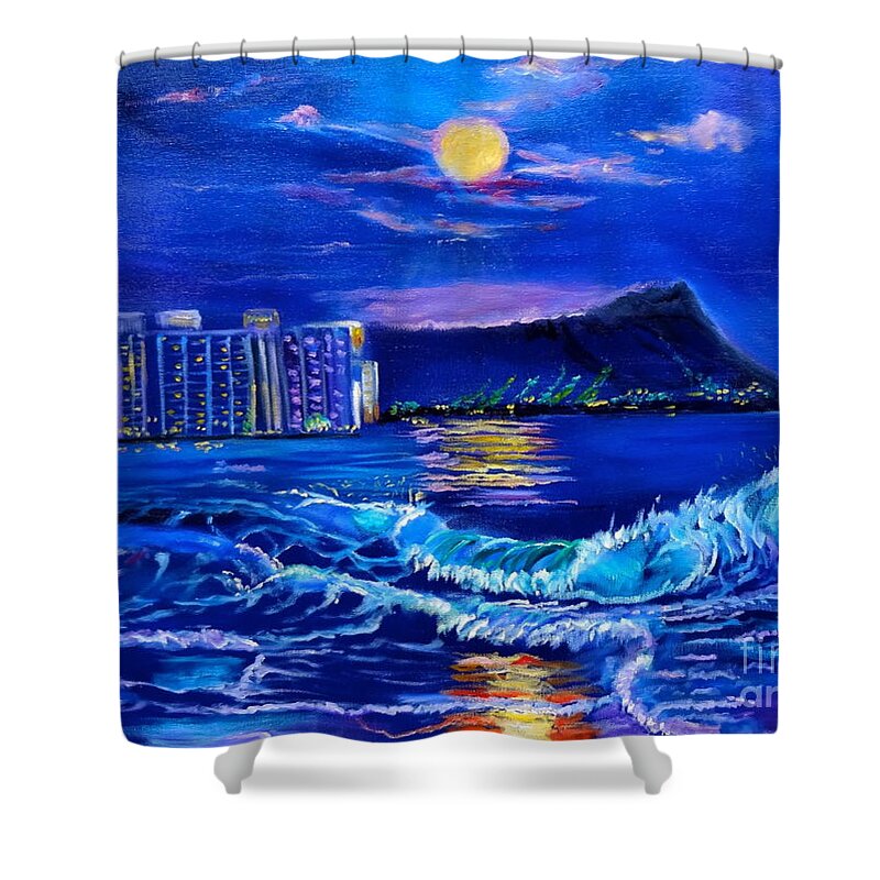 Diamond Head Print Shower Curtain featuring the painting Waikiki Lights by Jenny Lee