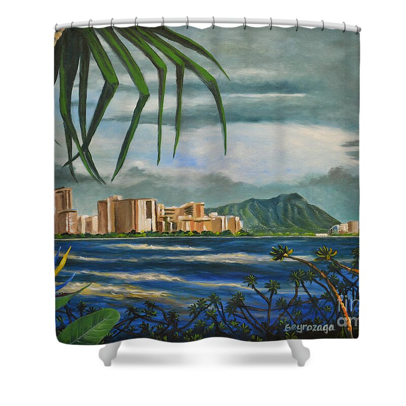 Diamond Head Shower Curtain featuring the painting Waikiki View by Larry Geyrozaga